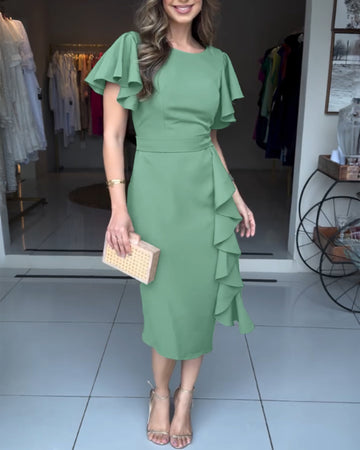 Butterfly Sleeve ruffles Slim Fit Side Slit Mid Long Dress